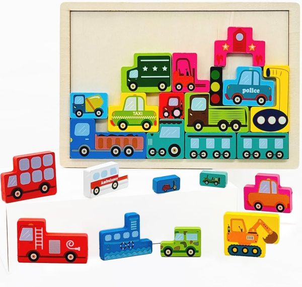 Wooden Blocks Puzzle Russian Blocks for Kids Age 3 4 5 Years Old, Children's Puzzle Game Board Learning Education Montessori Toddler Puzzle Wooden Toys for Kids Birthday Party Gift (Vehicle) - Image 2