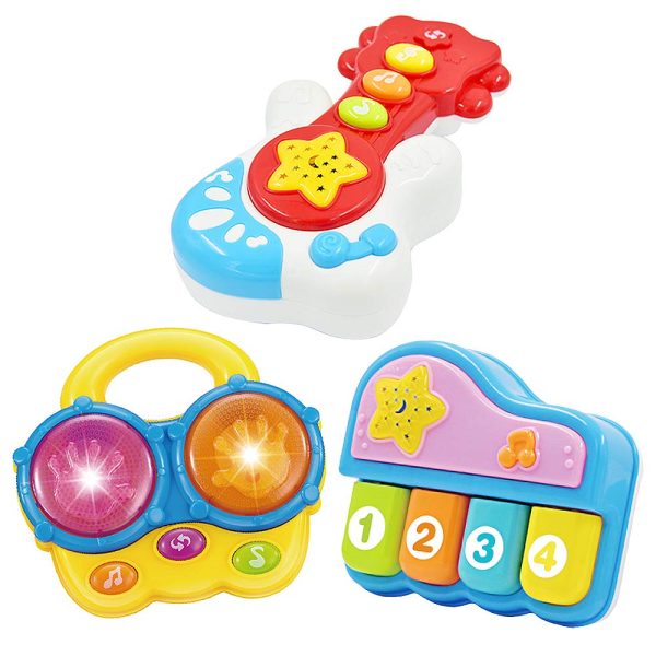 Portable Set of 3 Baby Music Toys (Piano, Bongo Drums, Guitar) - Music Learning and Entertainment for Ages 6 Months to 4 Years. Includes All 6 Batteries. Press Any Key Auto On for Babies.