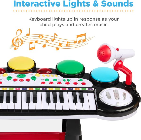 37-Key Kids Electronic Musical Instrument Piano Learning Toy Keyboard w/Multiple Sounds, Lights, Microphone, Stool - Black - Image 2