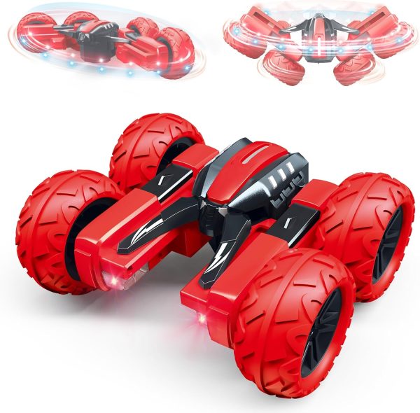 RC Rotating Stunt Cars Flowering Remote Control Cars Toys with Lights Double-Sided Driving 360-degree Flips Rotating Car Toy, Red