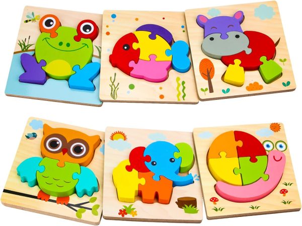 Wooden Animal Puzzles for 1 2 3 Years Old Boys Girls, Toddler Educational Developmental Toys Gift with 6 Animals Baby Montessori Color Shapes Learning Puzzles