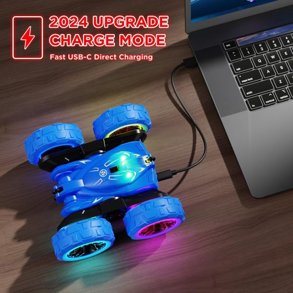 Rechargeable Remote Control car with Colorful Lights, Double Sided RC Stunt Car for Kids Fast USB-C Charging 360° Rotation 4WD Car Toys for Aged 3-12 Gift - Image 2