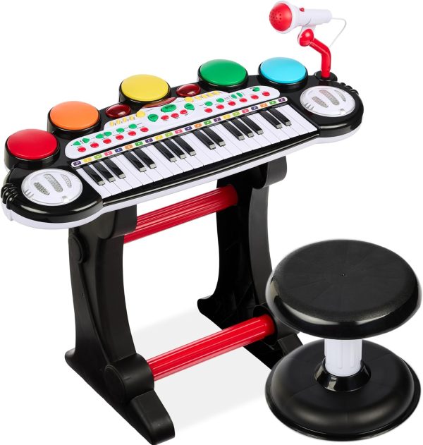 37-Key Kids Electronic Musical Instrument Piano Learning Toy Keyboard w/Multiple Sounds, Lights, Microphone, Stool - Black