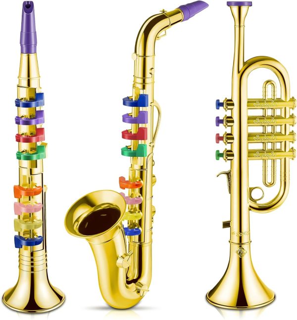Set of 3 Saxophone for Kids Musical Instruments Toy Saxophone Toy Trumpet and Clarinet with 8 Colored Coded Keys Teaching Songs Gifts for Toddlers Children(Gold)
