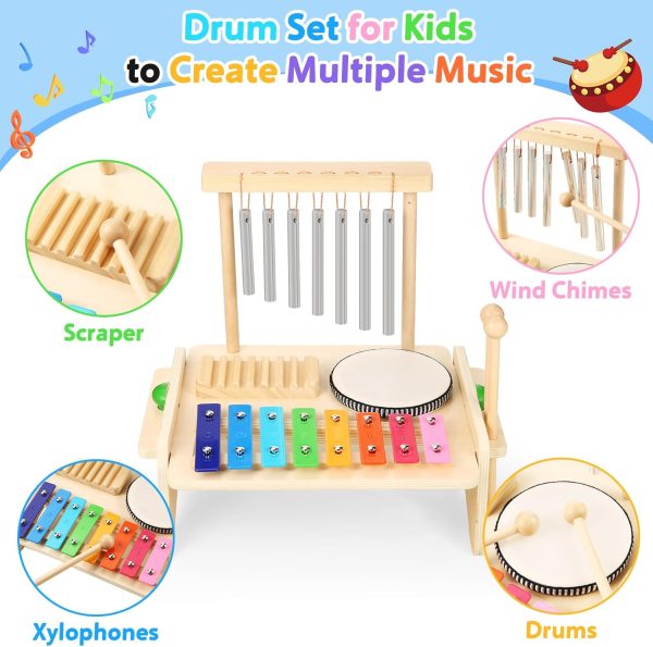 Kids Drum Set,Baby Musical Instrument for Toddler,Wooden Xylophone for Toddlers with Baby Drum Set and Wind Chime,Montessori Musical Instruments Toys for Kids,Musical Toys for Toddlers Birthday Gift - Image 2