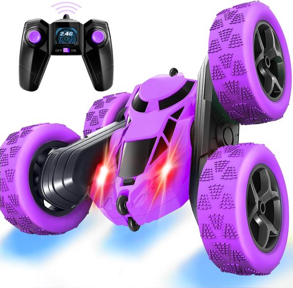 Remote Control Car Stunt RC Cars, 90 Min Playtime, 2.4Ghz Double Sided 360° Rotating RC Crawler with Headlights, 4WD Off Road Drift RC Race Car Toy for Boys and Girls Aged 6-12 Purple