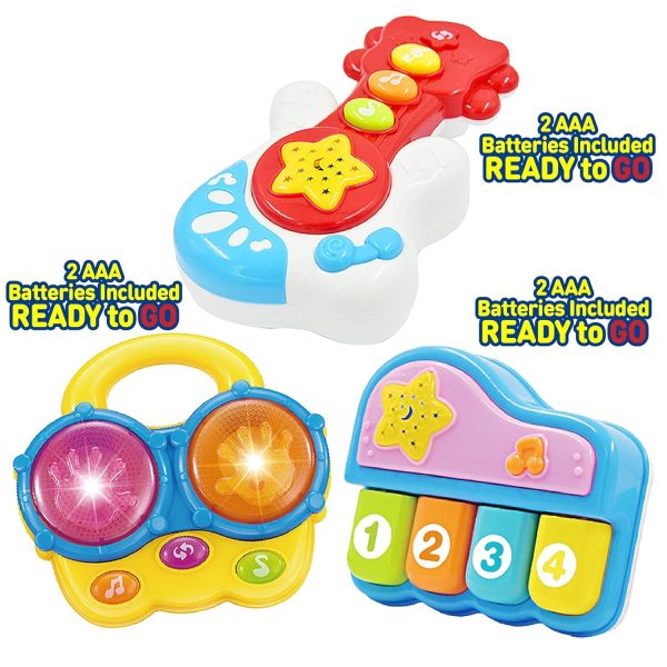 Portable Set of 3 Baby Music Toys (Piano, Bongo Drums, Guitar) - Music Learning and Entertainment for Ages 6 Months to 4 Years. Includes All 6 Batteries. Press Any Key Auto On for Babies. - Image 2