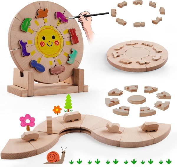 Wooden Puzzles for Toddlers 3-5, Solid & Thick Beech Wood, Blocks & Puzzle 2-in-1, Animal Shapes, Display Stand, DIY Painting, Preschool Learning, Montessori Interlocking Toys, Boys Girls Ages 3-8