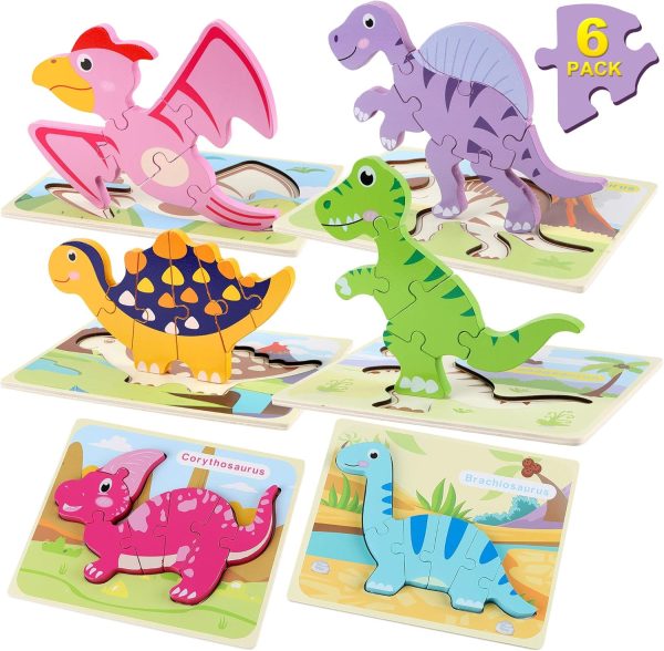 6 Pieces Set of Wooden Dinosaur Puzzles for Children 1-5 Years Old, Wooden Puzzles for Montessori Learning for Toddlers, Preschool Educational Toys, 3D Dinosaur Puzzles for Boys and Girls Gift
