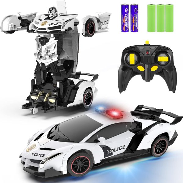Remote Control Car - Transform Toys Car Robot, One Button Deformation to Robot with Flashing Light, 2.4Ghz 1:18 Scale Transforming Police Car Kids Toys with 360 Degree Rotating, Girls Boys Toys