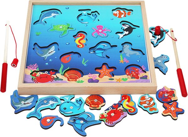 Wooden Fishing Game-Magnetic Fishing Puzzles with Numbers Jigsaw Puzzle- Sea Creatures Kids Fishing Game Educational Toys for 3 Years Old Math Toy Montessori Materials