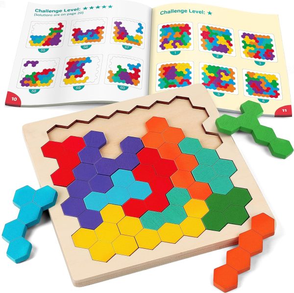 Wooden Tangram Puzzle, Color Shape Pattern Jigsaw Brain Teasers 3D Logic IQ Game Geometric Blocks Montessori  Educational Toys Gift for All Age